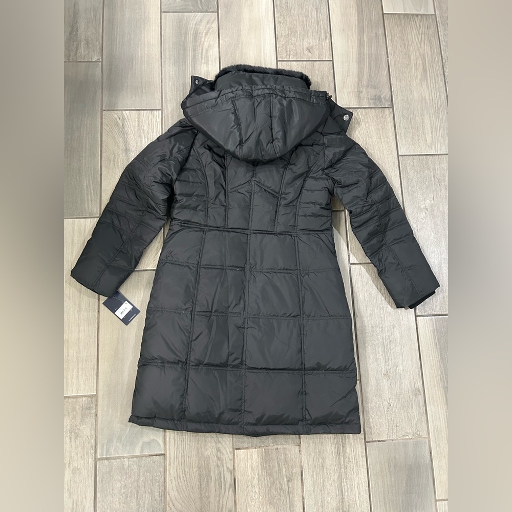 New with Tags London Fog Chevron Coat with Faux Fur Trimmed Hood - Picture 6 of 8